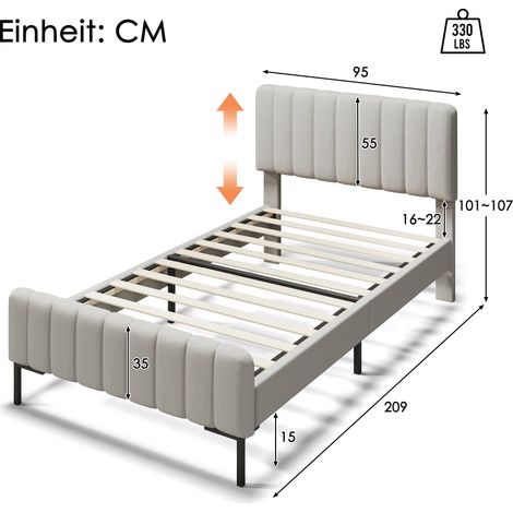 Cadre de lit rembourré en lin gris-beige, lit simple 90x200 cm avec sommier à lattes et tête de lit réglable, lit pour chambre d'adulte ou d'invité, lit de jeune (1/4)