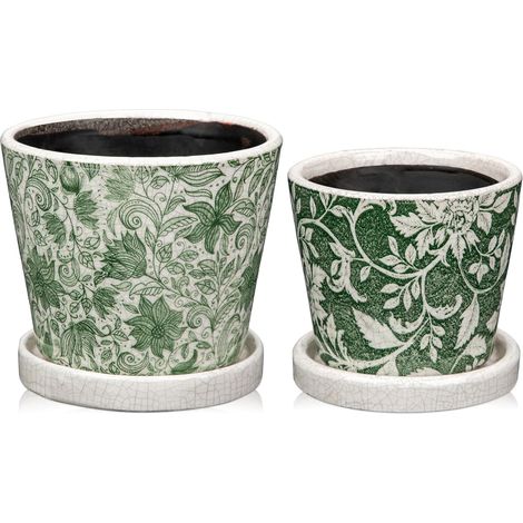 Lot de 2 pots de fleurs décoratifs en céramique pour intérieur avec trous de drainage et soucoupes Vert et blanc 12 cm 10 cm (1/5)