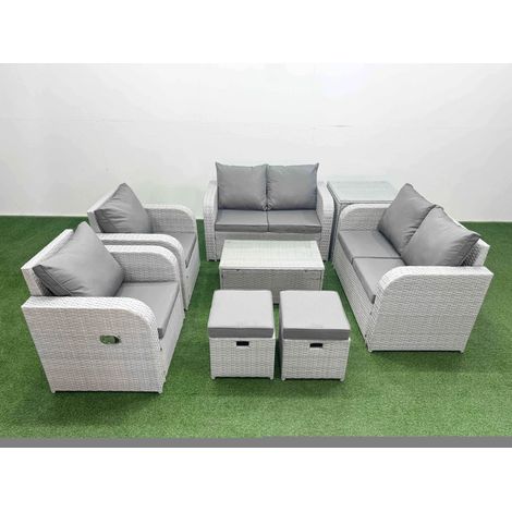 Fimous 8 Seater Outdoor Reclining Chair Love Sofa Set Rattan Garden Furniture Set with Rectangular Coffee Table 2 Stools Side Table Light Grey (1/4)