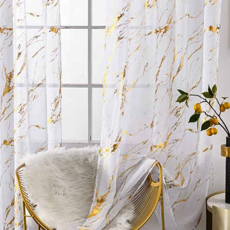 Lot de 2 panneaux de rideaux transparents blancs marbrés de 213 cm de long, impression feuille d'or métallisée, décoration de fenêtre abstraite pour chambre à coucher, cuisine, salon, 132,1 (1/5)
