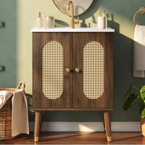 Meuble vasque 61x47x89 cm en MDF et céramique noyer, avec rangement pour salle de bain FloraGrace (1/5)