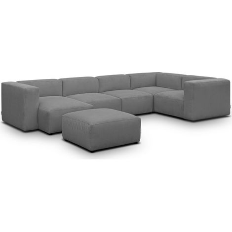Canapé modulable panoramique 6 places avec méridienne à gauche + pouf en velours côtelé gris clair - Modulo (1/5)