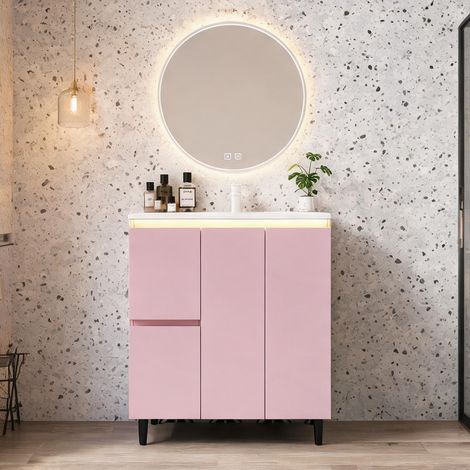 Vasque en céramique avec meuble MDF laqué rose 76 cm coloris rose (1/5)