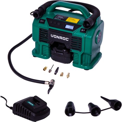 Vonroc – Compresseur à batterie 20V avec prise allume-cigare 12V – Pression 11 bar – Débit d'air 12L/min – Éclairage LED intégré