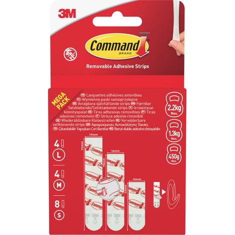 Lot de 2 languettes adhésives amovibles à usage général Command™, 17200-16-EU-VP, 8 petites + 4 moyennes + 4 grandes par paquet, Multi-Pack (1/2)