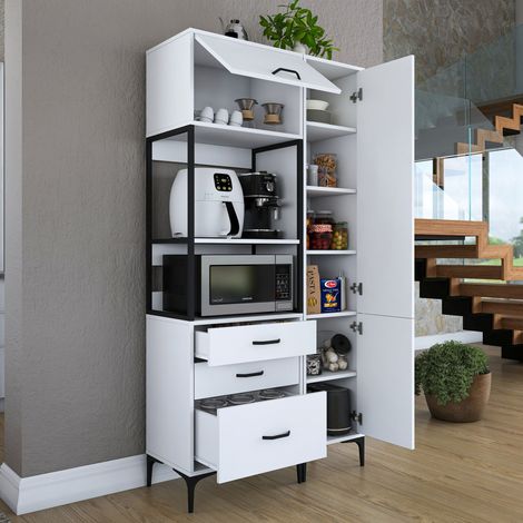 Alacena Lotzorai, Aparador 8 Estantes, 3 Cajones, 2 Puertas, 100x40x199h cm Blanco (1/5)