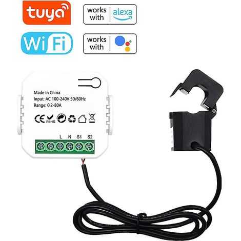Compteur d'énergie Tuya WiFi, transformateur de courant 80 A, pince ampèremétrique, moniteur de consommation d'énergie (kWh), statistiques de consommation électrique