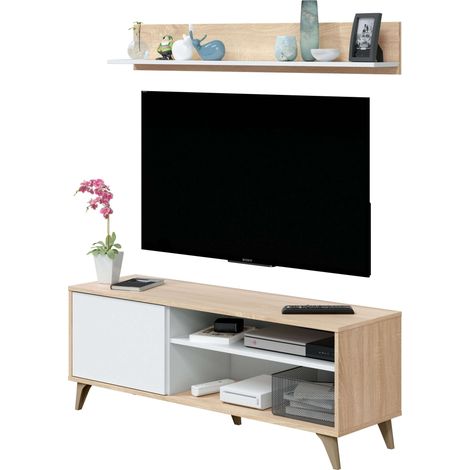 Kikua Plus Mobile TV con Mensola 135x40x50 cm, Rovere Bianco, Sistema PUSH (1/5)