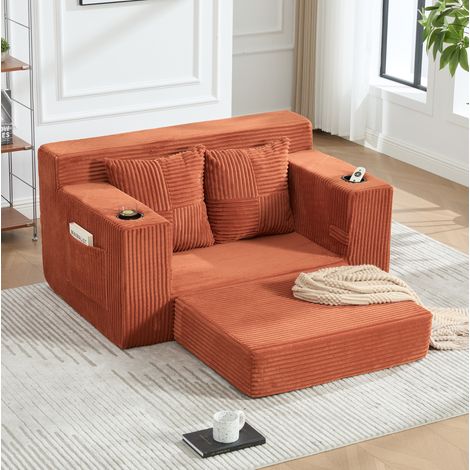 Canapé 2 places avec pouf 151x133x64 cm en velours côtelé orange, rangement pour salon – MEUBLIV (1/5)