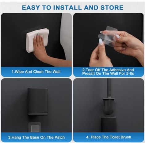 Brosse WC en silicone, brosse de toilette rapide avec balayette, fixation murale ou au sol, couleur noire, lot de pièces pour salle de bain (1/4)
