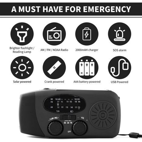 Radio d'urgence à manivelle, avec lampe torche LED pour AM/FM, dynamo météo portable NOAA, batterie externe 2000 mAh, chargeur de téléphone USB et camping solaire (1/5)