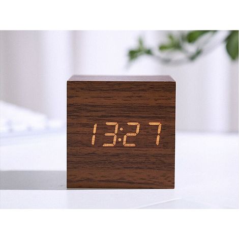 Sveglia digitale a cubo di legno con display elettronico a LED e mini orologio da tavolo con design a cubo di legno, timer con controllo vocale, calendario e luce verde
