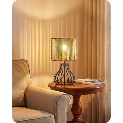 Petit Lampe de Chevet, Lampe de Table moderne avec base de cage métallique et abat-jour en Gestreiftes Rotin – Schwar LAMPE A POSER (1/5)