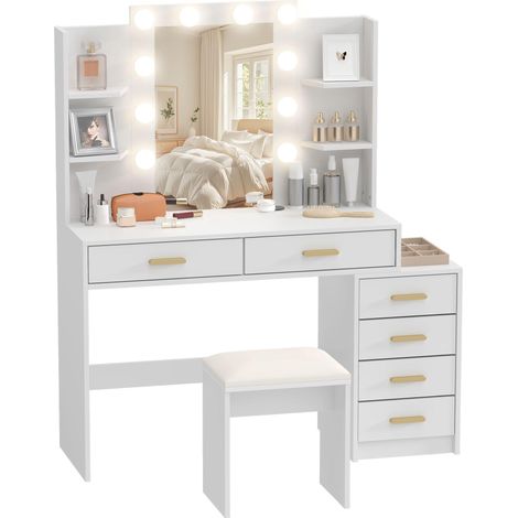Coiffeuse avec miroir éclairé et tabouret rembourré, ensemble de maquillage avec 6 tiroirs et étagères, blanc (1/5)
