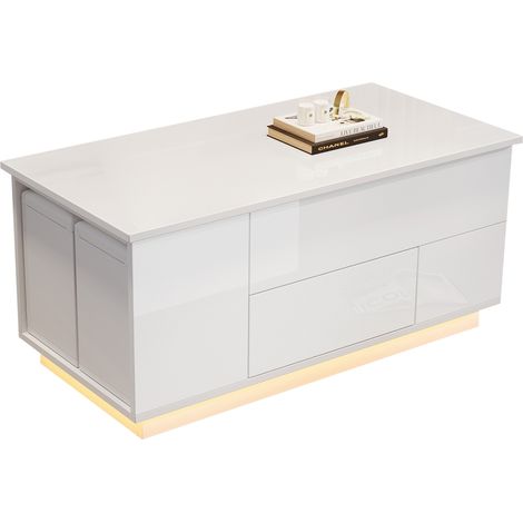 1005045cm Couchtisch 4-in-1 höhenverstellbarer Sofatisch mit LED, kaffeetisch mit 2 Schubladen,Hochglanztisch mit Sofa und 2 Hockern,Beistelltisch mit verstecktem Stauraum,Tragkraft bis 50kg,Weiß (1/5)
