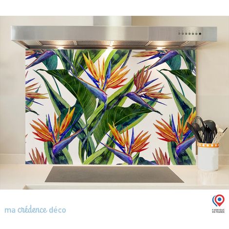 Fond de hotte : Feuilles et fleurs tropicales 1 - Verre trempé - 90 cm - 60 cm (1/5)