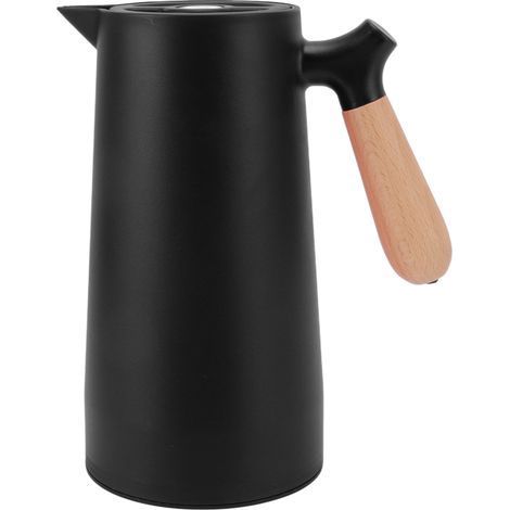 1-Liter-Thermoskanne, 12 Stunden hitzebeständig, Olecranon-Isolierung, Wasserauslass, Thermoskanne mit Holzgriff für Zuhause, Camping und Wandern, Schwarz (1/5)