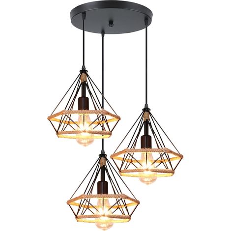 3 Lampes Suspension Luminaire Industrielle Lustre Plafonnier Vintage Luminaire Abat-jour Cage Diamant en Métal et Corde de Chanvre Lampe E27 pour Salle à Manger Salon, Ø30cm, Noir (1/5)
