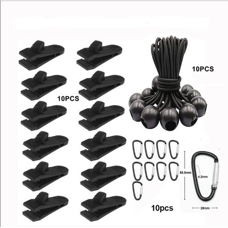 Set di 10 clip di fissaggio per teloni con 10 cordini elastici con estremità a sfera, 10 moschettoni per tende da sole, clip di bloccaggio, clip per teloni, clip in plastica per tende in linoleum e te