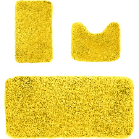 Lot de 3 tapis de bain shaggy, microfibre épaisse douce, antidérapant absorbant séchage rapide, pour salle de bain baignoire douche, jaune (1/5)