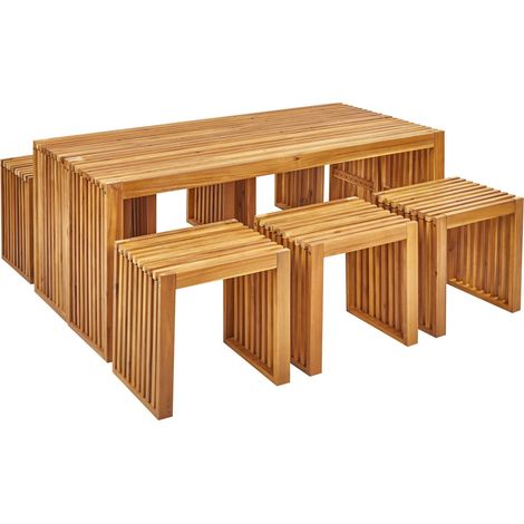 Set da pranzo da giardino 8 pezzi Sgabelli da tavolo per interni esterni 6 posti a sedere Legno di acacia chiaro Bellano