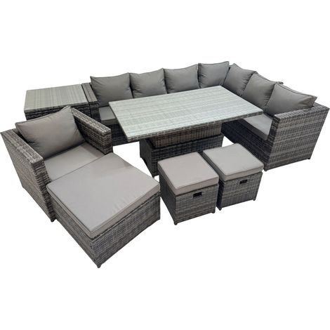 Fimous 10 Seater Rattan Height Adjustable Rising Lifting Table Corner Sofa Sets with Chair 3 Stools Side Table Dark Grey Mixed (1/5)