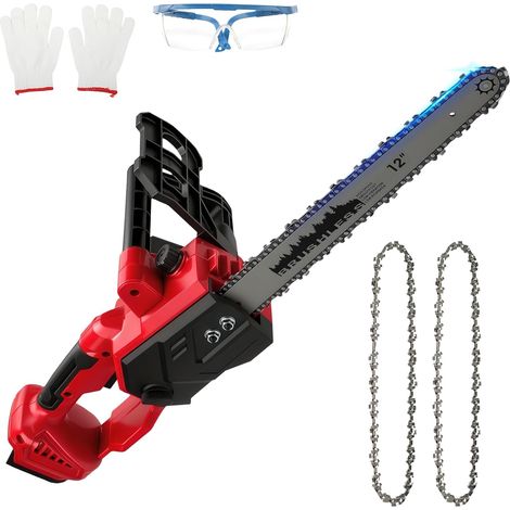Tronçonneuse sans fil avec 2 chaînes pour 18 V (sans batterie) scie à élaguer sans balais avec 2 chaînes de rechange,mini tronçonneuse avec lunettes et gants pour couper du bois (1/5)