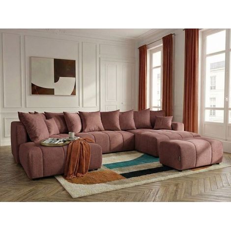 BOBOCHIC - Canapé panoramique convertible ROXELANE tissu chiné avec pouf Angle droit Rouge (1/5)