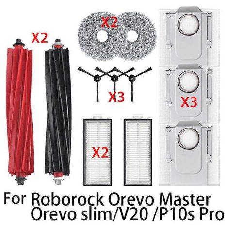 Accessoires de rechange pour aspirateur Roborock Qrevo Master /V20/ P10S Pro : brosse rotative, chiffon, sac �� poussi��re et filtre.