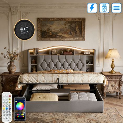 Lit Coffre 140x190 CM avec sommier, Lit rembourré avec LED et Port USB Tpye-C, Rangement Hydraulique et Tête de lit, Velours, Gris (1/5)