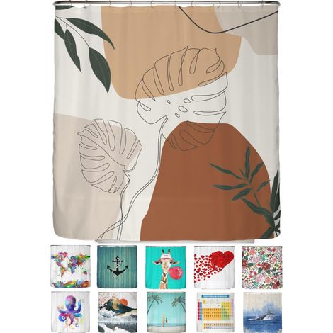 1 Rideau de Douche, Motif Bohème, 180x200 cm, Polyester Recyclé, Öko-Tex, Ourlet Lesté, Opaque, 12 Anneaux