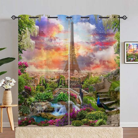 Rideau Occultant Paris Tour Eiffel Paon Fleur Rideau Thermique Isolant Tenture Opaque à Oeillets Draperies Intérieurs pour Maison Chambre Salon 2 Panneaux L 140 x H 183 cm - 140L X 183H cm (2 Panneaux (1/5)