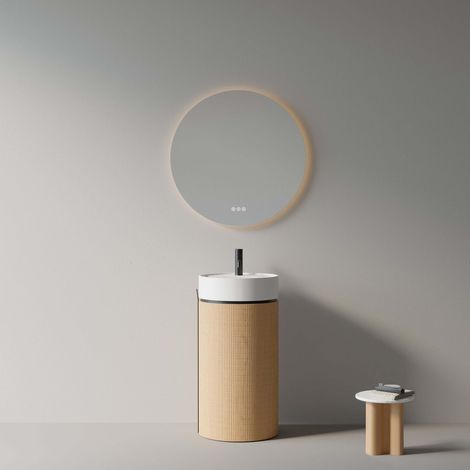 Lavabo Freestanding 45 cm Rovere Chiaro Specchio Tondo Retroilluminato - Cora (1/5)