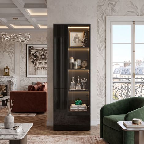 Creahappy Vitrine en Verre LED 50x35x160 cm - Meuble de Rangement Salon Gain de Place - Finition Brillante avec Tiroir - Noir (1/5)