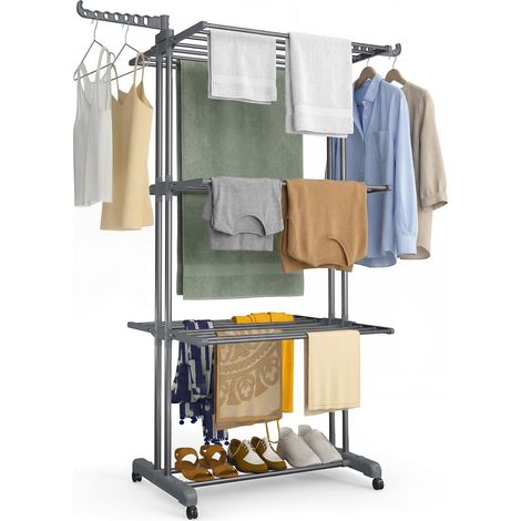 Étendoir à Linge à 4 Niveaux 126x63x170cm Sechoir à Linge Grande Capacité Pliable avec roulettes Ailes latérales Utilisation Intérieure et Extérieure Gris (1/5)