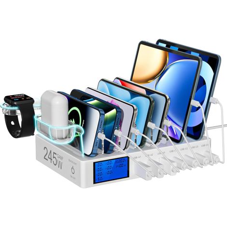 Station de Charge, 245W Chargeur Multiple Organisateur, 7-Port USB Multi Station Chargement avec écran LCD, Compatible avec iPad, Tablette, Smartphones(sans câble de Charge)-Blanc (1/5)
