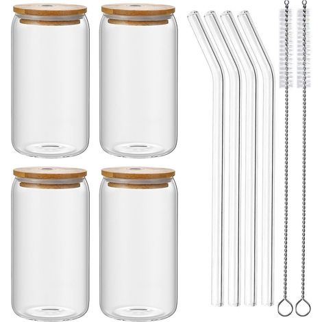 1 gobelet en verre de 500 ml avec paille, couvercle en bois, joint en silicone et canette résistante aux hautes températures (1/5)