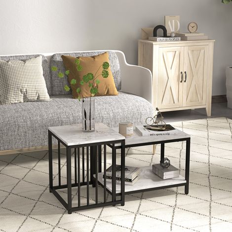 Lot de 2 tables d'appoint tables gigognes tables basses empilables avec plateau aspect bois effet marbre cadre en métal