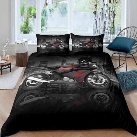Bettwäsche Set 200x200cm mit Motorrad Motiv, 3D Druck, Schwarz Rot