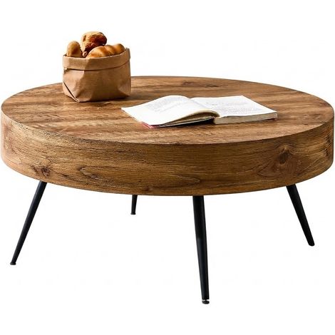 ELVMI Table basse ronde avec plateau en MDF, pieds en métal, finition bois et noir mat, pour salon, 70×35,5 cm (1/5)