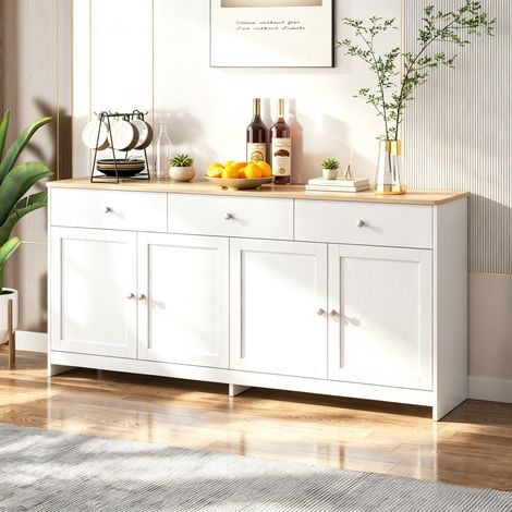 JOOKGBD-Buffet Cuisine 160x37x75cm,Armoires de cuisine,Meuble de Rangement Multifonctionnel avec 3 Tiroirs et 4 Portes,Commode Blanche,Meuble à chaussures,pour Salon,Bureau,Blanc (1/5)
