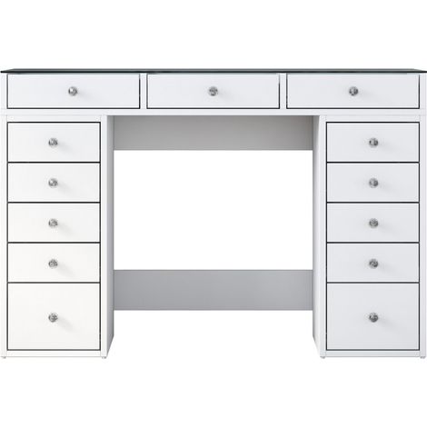 Drawer – Coiffeuse 13 tiroirs avec plateau en verre 120cm – Mélaminé et verre – 6 compartiments ouverts pour rangement organisé (1/5)