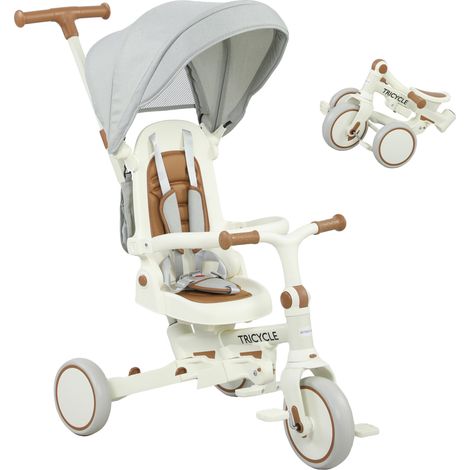 Tricycle 5 en 1 enfant avec dossier réglable, blanc crème, tricycle pour tout-petits avec guidon poussoir, dossier réglable