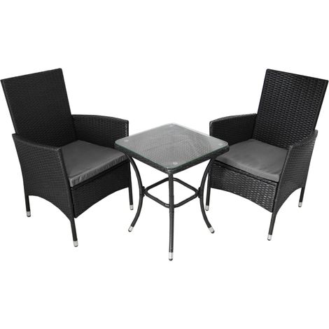 Jardí Conjunto Muebles Jardín Exterior Set Bistro Ratán Negro 2 Personas Dos Plazas Mesa con Tablero Vidrio Asientos Fundas Desenfundables Lavables Capa Protectora UV Cubierta Impermeable GRATIS