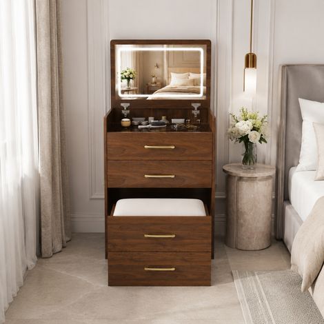 MEUBLIV Toeletta 3 in 1 60x40x118 cm noce con specchio pieghevole, vetro e 3 cassetti (1/5)