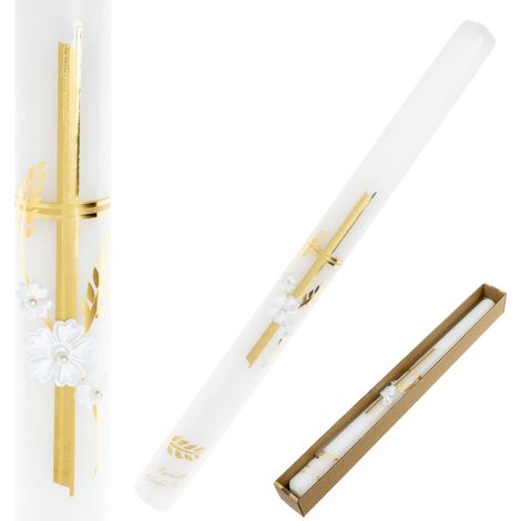 Candela battesimale con croce dorata, fiori bianchi e perle (1/5)