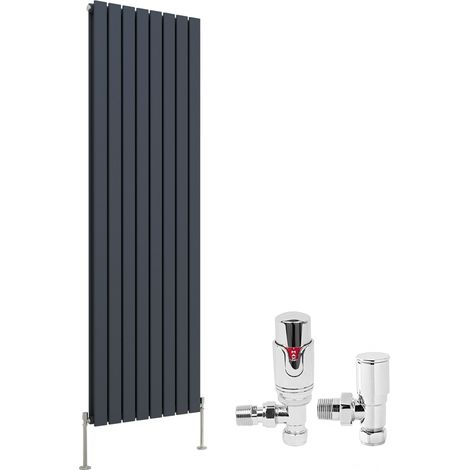Anthracite Designer Flat Panel Radiator + Thermostatic TRV Radiator Valves Chrome Angled Vertical 1800x544mm Double