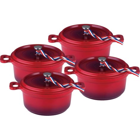 KAMBERG Set di 4 Mini Cocotte, Diametro 12 cm Rotonde Rosso Fiamma, Fusione di Alluminio, Rivestimento Effetto Pietra, Incluso Quello a Induzione, Senza PFOA (1/4)