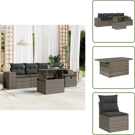 The Living Store Salon de jardin 6 pcs avec coussins gris résine tressée - Ensemble Salon De Jardin - Mobilier De Jardin - Table De Jardin Extensible - Chaise Lounge - Fauteuil De Jardin