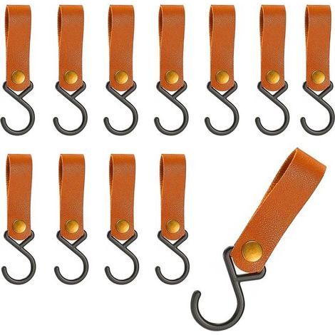 12 Kleiderhaken – Kleiderschrankhaken (Lederringe) – Zum Aufhängen von Kleidung – Campinghaken – Geeignet für Küche und Bad